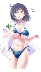  armband bikini black_eyes black_hair blue_bikini blush breasts cleavage commentary_request female glasses green_armband ishizu_kayu konori_mii large_breasts linea_alba navel open_clothes open_mouth shirt short_hair solo swimsuit toaru_kagaku_no_railgun toaru_majutsu_no_index underboob white_shirt 