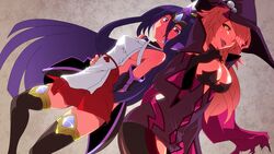  2girls arc_system_works bare_shoulders black_sclera blazblue blazblue:_central_fiction blush breasts cape cleavage detached_sleeves diabolic-mario dress gloves hades_izanami hair_over_one_eye hat headgear konoe_a_mercury large_breasts long_hair looking_at_viewer mikado_(blazblue) multiple_girls no_bra open_mouth phantom_(blazblue) pink_hair purple_eyes purple_hair red_skirt short_dress skirt smile thighhighs tongue tongue_out very_long_hair yellow_eyes 