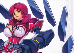  absurdres blush bow breasts character_name cleavage cleavage_cutout clothing_cutout dress female freezing_(series) gauntlets highres kim_kwang_hyun large_breasts lipstick looking_at_viewer makeup no_bra official_art photoshop_(medium) pink_hair puffy_short_sleeves puffy_sleeves red_hair roxanne_elipton scan school_uniform shirt short_hair short_sleeves skirt solo 