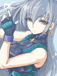  aqua_nails breasts commentary_request earrings female fingerless_gloves gloves grey_hair idolmaster idolmaster_cinderella_girls jewelry large_breasts long_hair nail_polish sleeveless solo takamine_noa tobatoinu turtleneck yellow_eyes 