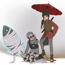  1boy black_eyes black_hair blue_hair blush choujuurou_(naruto) female fishnets forehead_protector glasses gloves glowing hand_on_hip headband hiramekarei kneeling kurotsuchi_(naruto) naruto naruto_shippuuden noeunjung93 rain sharp_teeth short_hair standing sword umbrella wet 