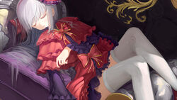  closed_eyes commentary_request dress female hat highres k-project kushina_anna liuliyu lolita_fashion long_hair parted_lips photoshop_(medium) red_dress sleeping solo thighhighs white_hair white_thighhighs 