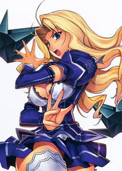  absurdres antenna_hair blonde_hair blue_eyes blush boots breasts cleavage cleavage_cutout clothing_cutout detached_sleeves dress elbow_gloves elizabeth_mayberry female freezing_(series) gloves highres jewelry kim_kwang_hyun large_breasts long_hair looking_at_viewer necklace no_bra official_art open_mouth photoshop_(medium) puffy_short_sleeves puffy_sleeves scan shirt short_sleeves skirt solo thigh_boots thighhighs 