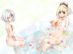  2girls ass bath bathtub blonde_hair commentary_request convenient_leg darwin&#039;s_game flower green_eyes hair_over_one_eye long_hair multiple_girls navel nude official_art orange_eyes petals ripples same-sex_bathing shared_bathing short_hair shuka_(darwin&#039;s_game) sui_(darwin&#039;s_game) takahata_yuki 