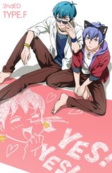  2boys ;) animal_ears blue_eyes blue_hair brothers cat_ears english_text f6_(osomatsu-san) fake_animal_ears female highres izumi_(milkywhite2) looking_at_viewer male_focus matsuno_ichimatsu matsuno_karamatsu multiple_boys one_eye_closed open_clothes open_shirt osomatsu-kun osomatsu-san osomatsu_(series) protected_link purple_hair shirt siblings sitting six_shame_faces smile sunglasses yowai_totoko 