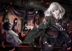  albino bad_id bad_pixiv_id black_kimono blunt_bangs doll fatal_frame fatal_frame_5 female flat_chest floral_print hair_ribbon japanese_clothes kimono long_sleeves red_eyes ribbon ryouma_(rym_vrite) sash shiragiku_(fatal_frame) short_hair sidelocks solo spider_lily_print tress_ribbon white_hair 