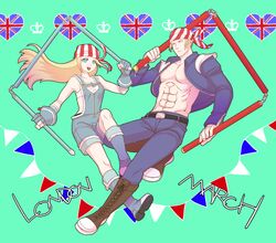  1boy bandana billy_kane blonde_hair blue_eyes brother_and_sister commentary_request fatal_fury female fingerless_gloves flag flag_print gloves heart lilly_kane long_hair muscular short_hair siblings staff the_king_of_fighters three_section_staff yk_(waikeee) 