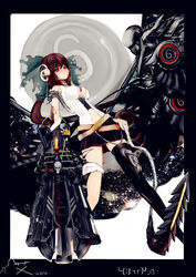  alternate_weapon arm_cannon artificial_wings belt black_border border bow breasts cape cleavage clothing_cutout commentary_request female green_bow hairbow highres kiyomasa_ren long_hair medium_breasts navel navel_cutout red_eyes reiuji_utsuho ribbon shirt single_thighhigh skirt skull sleeveless sleeveless_shirt solo thighhighs third_eye touhou weapon whip wings 