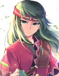  closed_mouth commentary_request female fingerless_gloves fire_emblem fire_emblem:_the_binding_blade gloves green_eyes green_gloves green_hair headband highres long_hair muneate nakabayashi_zun short_sleeves simple_background solo sue_(fire_emblem) white_background 