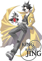  1boy black_eyes black_hair black_pants commentary_request copyright_name full_body hand_in_pocket jing_(jing_king_of_bandits) jing_king_of_bandits kir_(jing_king_of_bandits) long_coat male_focus pants popped_collar shoes short_hair spiked_hair yonesuke 