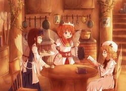  3girls apron blonde_hair blush book bow brown_eyes brown_hair butterfly_net chair commentary cooking_pot cup dress drill_hair english_commentary frying_pan glasses hairbow hand_net hat hikari_niji house interior kirisame_marisa kitchen kitchen_knife knife long_hair luna_child maid_headdress multiple_girls obi open_mouth photoshop_(medium) portrait pot reading red_eyes ribbon sash short_hair sitting skirt smile spatula spoon star_sapphire stove sunny_milk super_marisa_world table touhou tray twintails whisk wings 