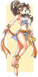  anklet barefoot bracelet breasts brown_eyes brown_hair circlet commentary_request dancer earrings feet female fire_emblem fire_emblem:_genealogy_of_the_holy_war full_body highres jewelry laylea_(fire_emblem) long_hair looking_at_viewer medium_breasts midriff navel oyatsu_(mk2) ponytail sideboob skirt smile solo toes 