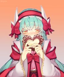  berserker_(kiyohime) blush brown_eyes fate/grand_order green_hair headdress heart horns kimono long_hair valentines 