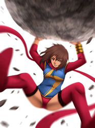  brown_hair cameltoe dark_skin gin-1994 kamala_khan looking_at_viewer marvel ms._marvel panties scarf short_hair spread_legs thigh_boots thighhighs underwear 