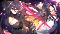  2girls black_hair breasts cleavage dress erect_nipples gloves headdress iron_saga kyou_(kurifuto) long_hair mutsuki_(iron_saga) oboro_(iron_saga) pantyhose red_eyes waifu2x 