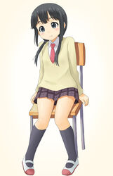  aiura bad_id bad_pixiv_id black_eyes black_hair black_socks blush chair commentary_request female full_body kneehighs long_hair low_twintails necktie pigeon-toed plaid plaid_skirt pleated_skirt school_uniform shoes sitting skirt smile socks solo sweater tekitoo twintails uehara_ayuko uwabaki 