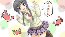  aiura bad_id bad_pixiv_id black_eyes black_hair blush crab double_v female looking_at_viewer low_twintails necktie open_mouth plaid plaid_skirt qnakamura school_uniform short_hair skirt smile solo sweater twintails uehara_ayuko v 