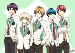  5boys artist_name blonde_hair blue_eyes blue_hair brown_hair commentary_request green_eyes hoshitani_yuuta kawamoto_renge kuga_shuu male_focus multiple_boys nayuki_tooru necktie purple_eyes purple_hair red_eyes red_hair school_uniform smile starmyu team_ootori tengenji_kakeru tsukigami_kaito yellow_eyes 