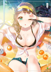  ;o aqua_eyes areola_slip bad_id bad_pixiv_id bangle bikini bikini_under_clothes black_bikini blurry bracelet braid breasts brown_hair can cleavage cosmetics depth_of_field female food front-tie_top fruit furururu green_eyes hair_over_shoulder hand_to_forehead highres holding holding_can jewelry long_hair looking_at_viewer makeup_brush medium_breasts mirror moe2016 one_eye_closed open_fly orange_(fruit) original see-through shelf shirt shorts single_braid sitting solo sunlight swimsuit tied_shirt unbuttoned viewfinder visor_cap wading_pool water wet wet_clothes white_shirt 