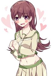  beige_skirt blush brown_hair collarbone drooling eyebrows_visible_through_hair female heart heart-shaped_pupils highres kantai_collection kvlen long_hair looking_at_viewer navel neckerchief ooi_(kantai_collection) open_mouth school_uniform serafuku skirt smile solo symbol-shaped_pupils 