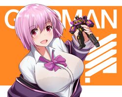  altronage bad_id bad_twitter_id bow breasts collared_shirt commentary crossover english_text female gridman_universe highres inactive_account jacket large_breasts light_purple_hair optimus_prime_(shattered_glass) purple_jacket red_eyes robot school_uniform shinjou_akane shirt short_hair ssss.gridman title transformers transformers_shattered_glass white_shirt 