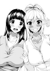  2girls :d arm_at_side blunt_bangs blush breasts cardigan cleavage collarbone collared_shirt commentary_request dress_shirt eyelashes fingernails greyscale grin gyaru hair_between_eyes hand_up heads_together highres huge_breasts kogal large_breasts long_fingernails long_hair long_sleeves looking_at_viewer makeup monochrome multiple_girls no_bra open_mouth ponytail pose school_uniform shirt smile standing straight_hair tama_(tamakaka1031) teeth upper_body upper_teeth_only v v_over_eye 