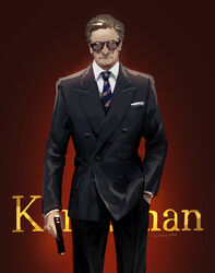  1boy commentary_request formal glasses gun harry_hart jane_mere kingsman:_the_secret_service male_focus manly photoshop_(medium) solo suit weapon 