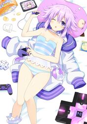  ;o bare_shoulders blush breasts chips_(food) d-pad d-pad_hair_ornament female food game_console hair_ornament handheld_game_console highres jacket looking_at_viewer lying nepgyaa neptune_(neptunia) neptune_(series) on_back on_bed one_eye_closed open_mouth panties potato_chips pudding purple_eyes purple_hair short_hair solo spoon strapless striped_clothes striped_panties thighhighs tube_top underwear unworn_hair_ornament unworn_jacket zero_(ray_0805) 