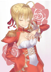  ahoge blonde_hair braid breasts cleavage closed_mouth commentary_request doonatsu. dress epaulettes fate/extra fate_(series) female fingernails gradient_background grey_background hair_between_eyes hair_bun hair_intakes hand_on_own_chest hand_on_own_hip juliet_sleeves long_sleeves medium_breasts nero_claudius_(fate) nero_claudius_(fate/extra) puffy_sleeves red_dress single_hair_bun smile solo v-shaped_eyebrows wings 