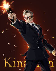  1boy commentary_request copyright_name firing formal glasses gun harry_hart jane_mere kingsman:_the_secret_service male_focus manly photoshop_(medium) solo suit weapon 