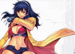  absurdres bikini bikini_top_only blue_eyes blue_hair blush breasts character_name cleavage female freezing_(series) gloves hairband highres jacket kim_kwang_hyun large_breasts lips long_hair long_sleeves looking_at_viewer midriff navel official_art open_mouth parted_lips petty_layner photoshop_(medium) red_bikini scan short_shorts shorts solo stomach swimsuit 