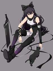  absurdres arm_ribbon armlet bad_id bad_pixiv_id bare_shoulders black_cat black_footwear black_hair black_pantyhose black_scarf blake_belladonna bow cleaver detached_sleeves feline female gambol_shroud grey_background hairbow high_heels highres kurohane long_hair midriff pantyhose pantyhose_under_shorts photoshop_(medium) ribbon rwby scarf shirt shoes shorts sleeveless sleeveless_shirt solo very_long_hair vest weapon yellow_eyes 