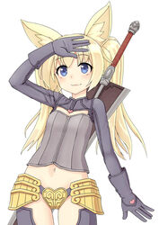  animal_ears armor bikini_armor blonde_hair blue_eyes commentary dog_ears elin female gloves jd_(bibirijd) long_hair midriff navel slayer_(tera_online) smile solo sword tera_online thighhighs twintails weapon 