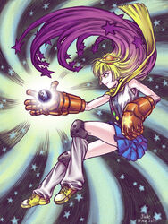  artist_name badge blade_of_fury blonde_hair button_badge commentary_request dated earth_(planet) female giant giantess gradient_hair knee_pads leg_warmers long_hair mechanical_arms multicolored_hair planet purple_hair saturn_(planet) scarf shoes skirt sleeveless smile sneakers solo starpunch_girl starpunch_girl_(series) yellow_eyes 