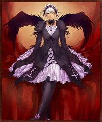  1boy archer_(fate) bad_id bad_pixiv_id cosplay dark-skinned_male dark_skin dress fate_(series) gothic_lolita grey_eyes hairband highres lolita_fashion male_focus rozen_maiden solo suigintou suigintou_(cosplay) vulture_(washizu0808) white_hair wings 