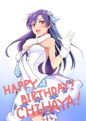  baron_(nsbaron) blue_hair brown_eyes character_name commentary_request dress female flat_chest gloves hair_ornament happy_birthday idolmaster idolmaster_(classic) kisaragi_chihaya long_hair ribbon snowflake_hair_ornament snowflake_liliput_(idolmaster) snowflakes solo thigh_strap 