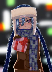  blue_hair blush box braid character_name commentary_request female fur_hat hair_between_eyes hat heart-shaped_box highres jinx_(league_of_legends) league_of_legends long_hair looking_at_viewer mittens outstretched_hand photoshop_(medium) purple_eyes scarf smile solo twin_braids ushanka valentine winter_clothes wukun 