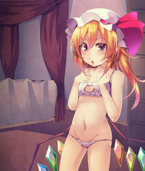  :o blonde_hair cat_cutout cat_ear_panties cat_lingerie cleavage_cutout clothing_cutout commentary_request female flandre_scarlet flat_chest hat long_hair looking_at_viewer meme_attire navel panties purple_eyes rando_seru side_ponytail solo touhou underwear underwear_only white_panties wings 