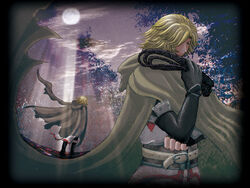  1boy belt blonde_hair blue_eyes boots castlevania:_lament_of_innocence castlevania_(series) coat commentary_request dragonrose elbow_gloves fingerless_gloves forest full_moon gloves hood hood_down leon_belmont male_focus moon moonlight nature night photoshop_(medium) solo surcoat whip 