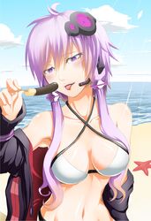  :d :p ahoge animal animal_hood armpits bad_id bad_pixiv_id bare_shoulders beach bikini blue_sky bracelet breasts chocolate chocolate_banana cleavage cloud collarbone criss-cross_halter day eyebrows female food gradient_hair hair_ornament hairpin halterneck headset highres holding holding_food hood hoodie horizon iroia jewelry light_rays long_hair long_sleeves medium_breasts midriff multicolored_hair navel ocean off_shoulder open_clothes open_hoodie open_mouth outdoors parted_lips purple_eyes purple_hair rabbit_hood sand shiny_skin short_hair_with_long_locks sidelocks sky smile solo starfish stomach sunlight swimsuit teeth tongue tongue_out tsurime upper_body vocaloid voiceroid water white_bikini yuzuki_yukari 