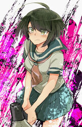  ahoge blue_skirt blush brown_hair commentary_request crying crying_with_eyes_open danganronpa_(series) danganronpa_another_episode:_ultra_despair_girls female gaa_(butsugen) green_eyes megaphone naegi_komaru pleated_skirt school_uniform serafuku short_hair skirt solo swept_bangs tears 