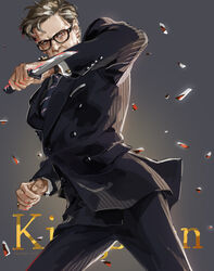  1boy brown_hair commentary_request formal glasses harry_hart jane_mere kingsman:_the_secret_service male_focus manly photoshop_(medium) reverse_grip solo suit 