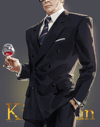  1boy alcohol commentary_request cup drinking_glass formal glasses harry_hart head_out_of_frame jane_mere kingsman:_the_secret_service male_focus manly photoshop_(medium) suit wine wine_glass 