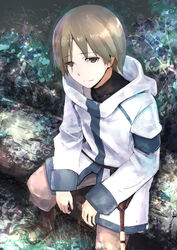  1boy brown_eyes brown_hair cloak commentary_request hai_to_gensou_no_grimgar highres hood hooded_cloak male_focus manato_(grimgar) mankun sitting smile solo tree_stump turtleneck 