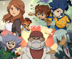  6+boys aged_up apron beard black_eyes blue_hair brown_eyes brown_hair closed_eyes commentary_request endou_mamoru eyepatch facial_hair female formal headband hibiki_seigou inazuma_eleven_(series) inazuma_eleven_go long_hair looking_at_viewer matsukaze_tenma miyabino_reiichi mizuhara_aki multiple_boys necktie open_mouth oven_mitts raimon raimon_natsumi raimon_soccer_uniform sakuma_jirou school_uniform short_hair soccer_uniform sportswear suit sunglasses sweat teikoku teikoku_school_uniform translation_request tsurugi_kyousuke vest 