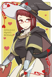  bad_id bad_pixiv_id birthday blush bridal_gauntlets character_name commentary_request dated female fire_emblem fire_emblem_awakening glasses heart highres left-handed miriel_(fire_emblem) red_eyes red_hair short_hair shougayaki_(kabayaki_3) smile solo 