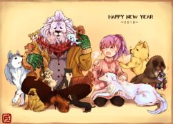  2018 afghan_hound biting breath canine colonel_olcott_(fate) commentary_request contemporary dachshund fate/grand_order fate_(series) glove_biting gloves happy_new_year harupippo helena_blavatsky_(fate) highres husky lion lion_boy lion_hair multiple_dogs new_year newfoundland ponytail pug purple_hair scarf shiba_inu st_bernard sweat sweater thomas_edison_(fate) tongue tongue_out too_many too_many_dogs 