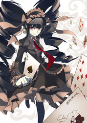  ace_(playing_card) ace_of_spades black_hair black_thighhighs bonnet card celestia_ludenberg commentary_request danganronpa:_trigger_happy_havoc danganronpa_(series) drill_hair female five_of_hearts flower gothic_lolita highres joker_(playing_card) lolita_fashion long_hair monokuma necktie nine_of_diamonds playing_card queen_(playing_card) queen_of_hearts_(playing_card) red_eyes rose smile solo spade_(shape) thighhighs three_of_spades total9 twin_drills twintails two_of_spades 