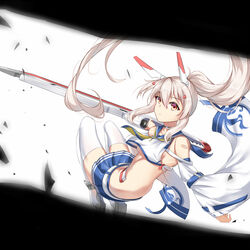  ayanami_(azur_lane) ayanami_(retrofit)_(azur_lane) azur_lane bandaid bandaid_on_arm blonde_hair breasts commentary detached_sleeves female hair_ornament hairclip highres long_hair looking_at_viewer pleated_skirt ponytail red_eyes skirt small_breasts solo sword thighhighs underboob weapon white_background white_thighhighs wide_sleeves xin_(zinc) 