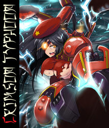  arm_blade beret black_hair breasts butter-t commentary crimson_typhoon extra_arms eyepatch female hat large_breasts mecha_musume mechanical_arms pacific_rim personification photoshop_(medium) short_hair single_mechanical_arm solo thrusters torn_clothes underboob weapon yellow_eyes 